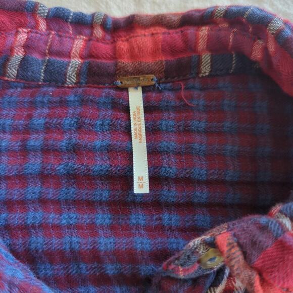 Free People Shirt Medium Red & Blue Plaid Long Sleeve Guaze Knit Tunic Button-up - Picture 2 of 7